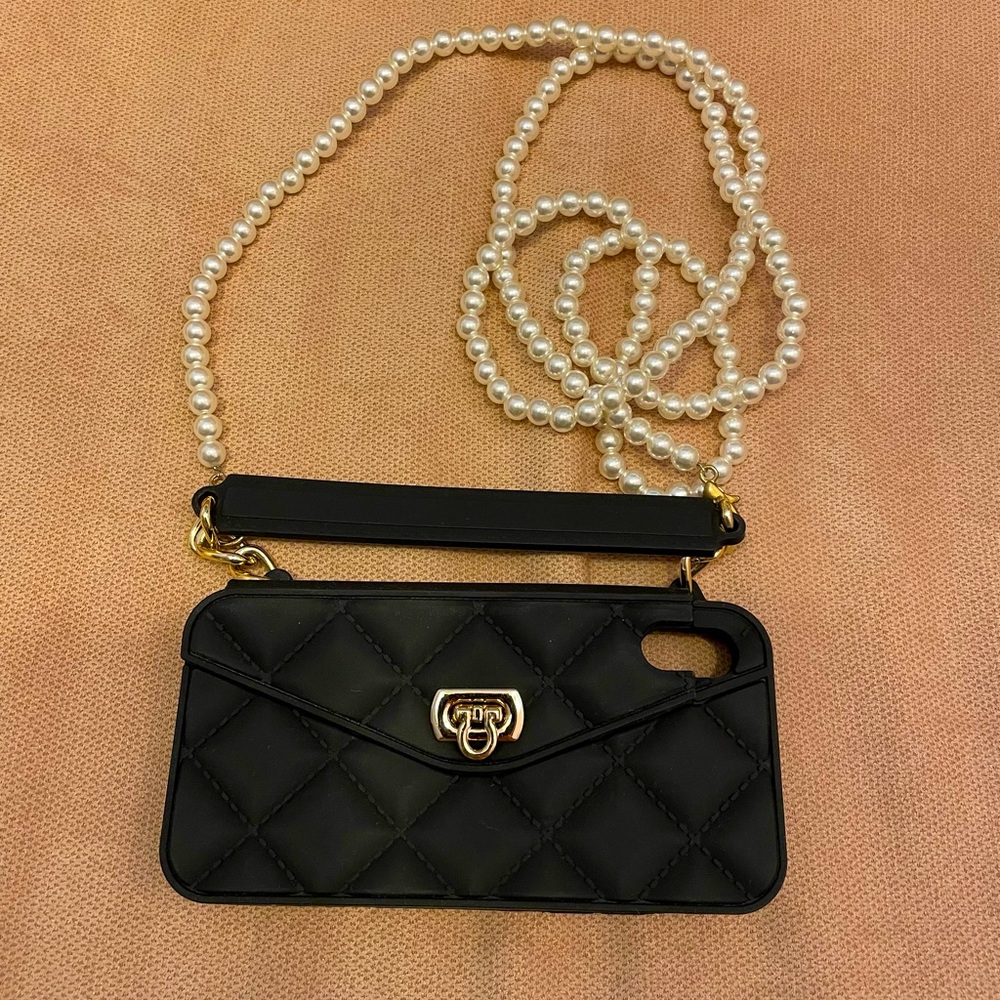 iPhone X/Xs - Black Silicone Wallet Phone Case with 45” Faux Pearl Beaded Strap